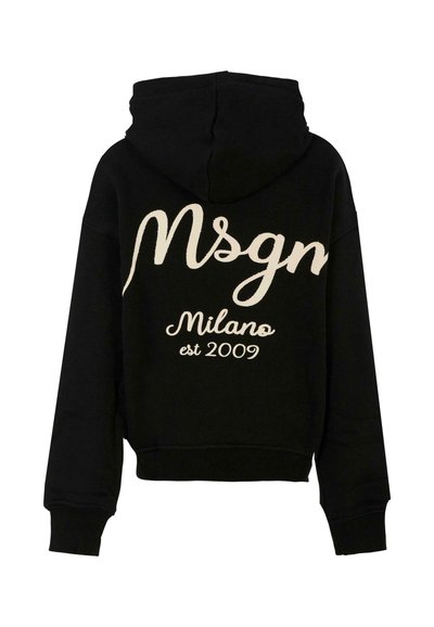 Felpa nera corta con cappuccio regolabile. Presenta un ricamo color crema: "Msgm Milano est 2009" sul retro. Materiale spesso.