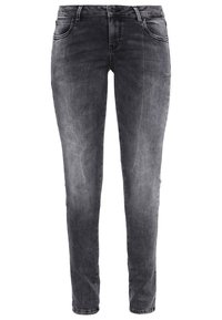 Pantalones vaqueros de denim negro con un acabado desgastado, silueta ajustada, cinco bolsillos, detalles cosidos y cierre de cremallera con botón.