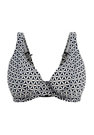 Haut de bikini bleu marine avec motif floral géométrique blanc. Comprend des bretelles réglables et une fermeture à crochet dans le dos. Texture de tissu douce.