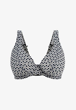 Marineblauw bikinibovenstuk met wit geometrisch bloemenpatroon. Voorzien van verstelbare bandjes en een haaksluiting aan de achterkant. Zachte stoftextuur.