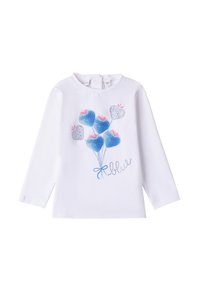 Langärmliges weißes Hemd mit einem blauen Ballon-Design, das Herzen und pinke Akzente zeigt, verziert mit glitzernden Details und einer blauen Schleife.