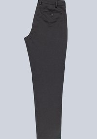 Schwarze Hose aus glattem Stoff, mit geradem Schnitt, einer einzigen Gesäßtasche mit Knopf und einem mittelhohen Bund.