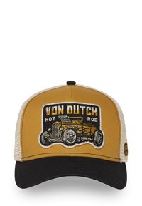 Casquette de baseball jaune et noire avec dos en maille, présentant un design de hot rod brodé et le texte "VON DUTCH HOT ROD" sur le panneau avant.