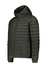 Olivgrön puffjacka med en tajt huva, vertikalt quiltat mönster, frontdragkedja och ribbade ärmslut och nederkant.