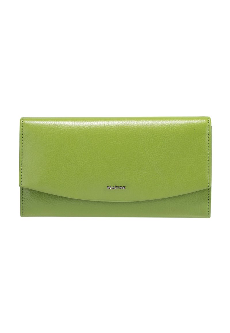 Green leather wallet with a textured finish, featuring a smooth flap closure and silver logo accent on the front.