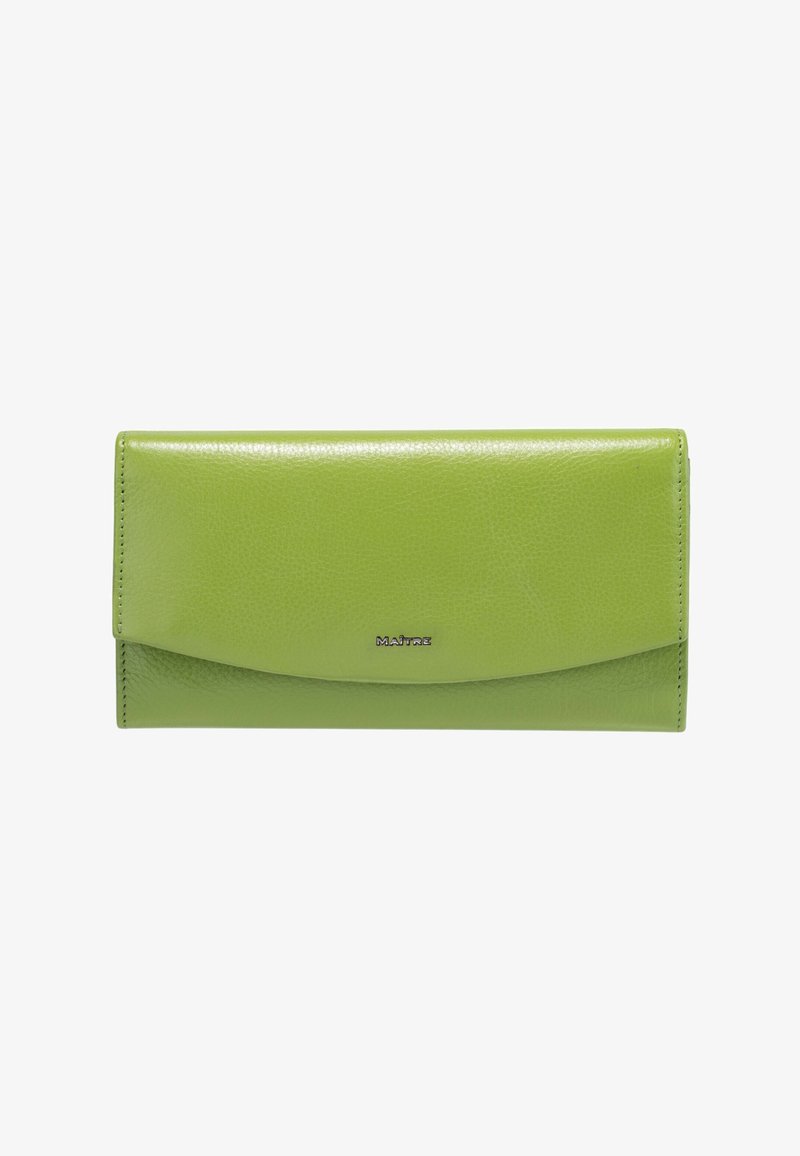 Groene leren portemonnee met een gestructureerde afwerking, voorzien van een zachte flapsluiting en een zilveren logo-accent op de voorkant.
