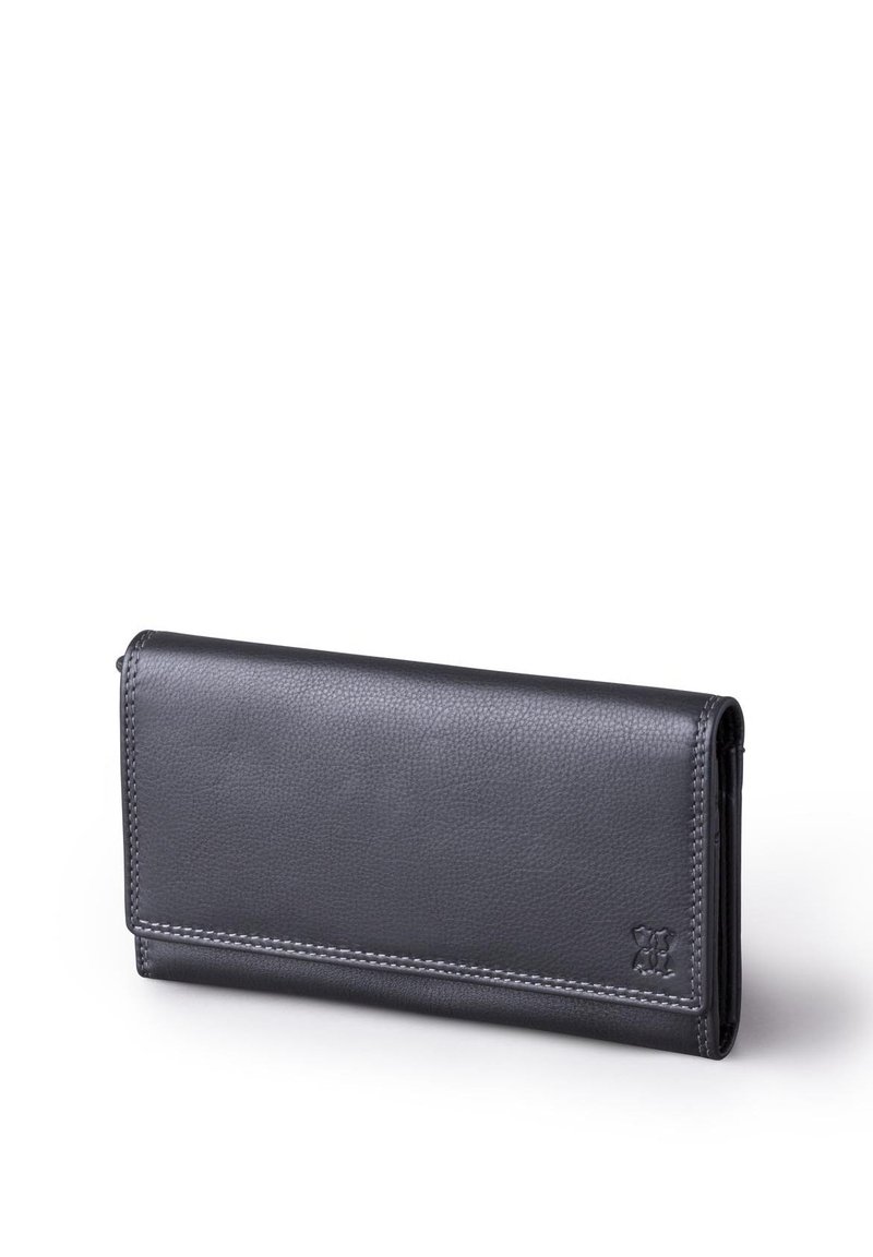 Black leather wallet with a pebbled texture, rectangular shape, visible stitching, and a subtle embossed logo on the lower right corner.