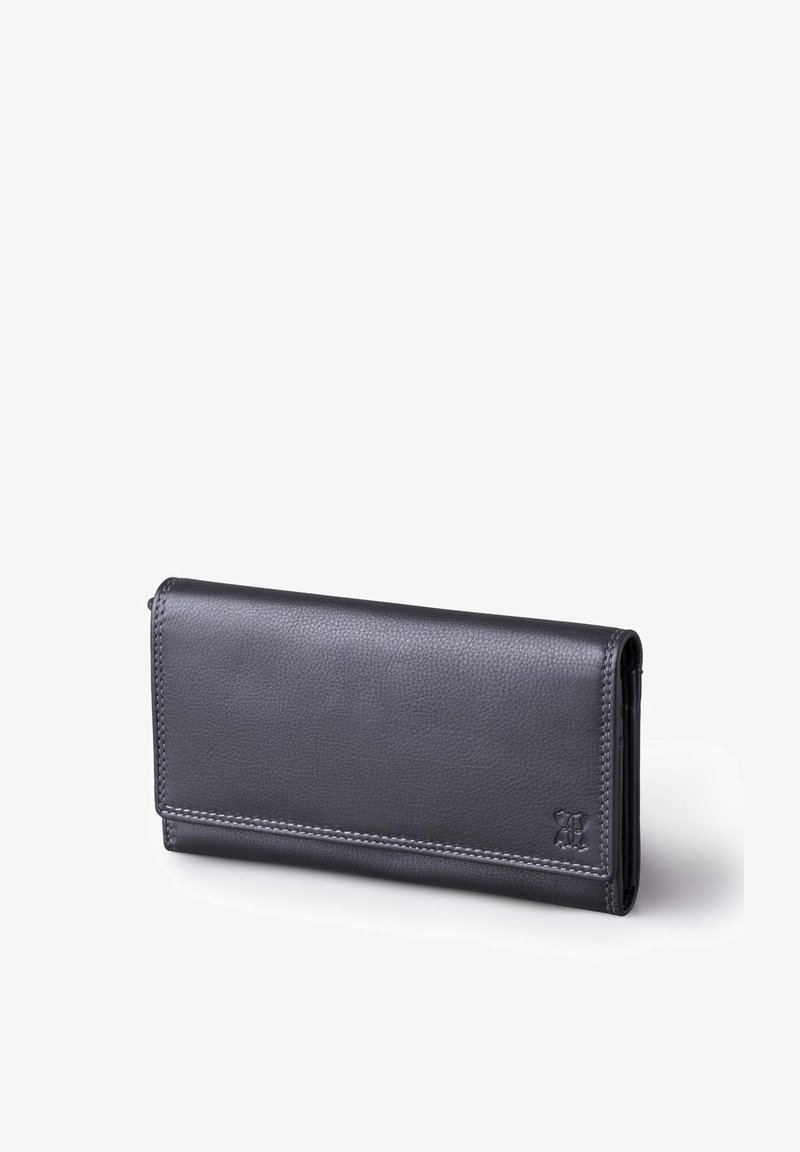 Black leather wallet with a pebbled texture, rectangular shape, visible stitching, and a subtle embossed logo on the lower right corner.