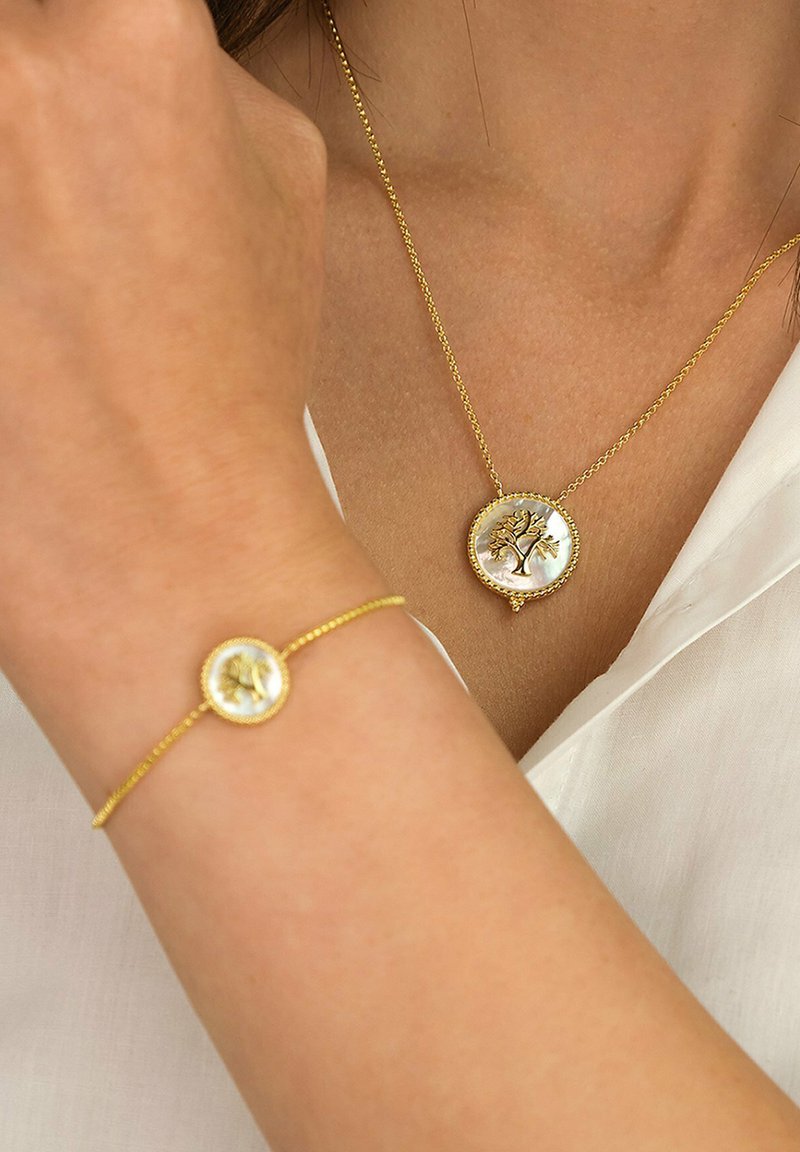 Guldhalskæde og armbånd med cirkulære vedhæng, der har et trædesign mod en baggrund af perlemor, forbundet med fine kæder.