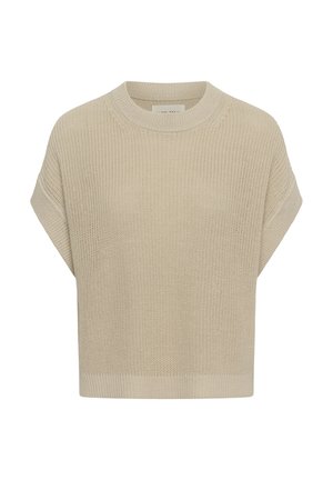 Beige strikket kortærmet sweater med rund hals og ribkant, med tekstureret vaffelmønster.