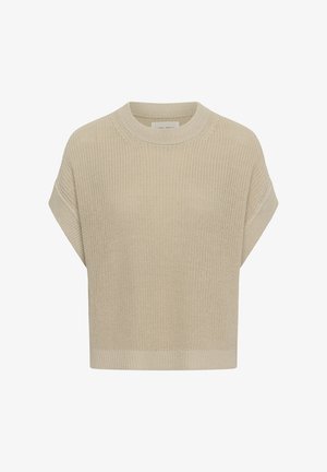 Beežist kudumistest lühikeste varrukatega kampsun ümar kaelusega ja soonikkoes äärega, mis on tekstuurse vahvliprindiga.