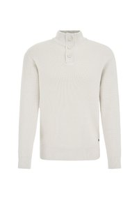 Svijetlo sivi, teksturirani pulovere s visokom kragnom i plaketom sa tri dugmeta. Ima rebraste manžete i rub.