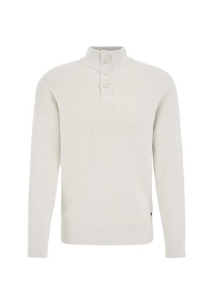 Pull-over en maille texturée gris clair avec un col haut et une patte de boutonnage à trois boutons. Comprend des poignets et un ourlet côtelés.