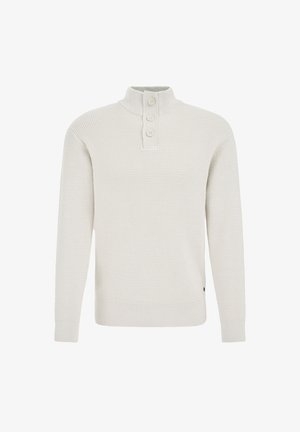 Hellgrauer, strukturiertes Pullover mit hohem Kragen und drei Knöpfen. Mit gerippten Bündchen und Saum.