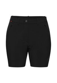 Černé šortky vyrobené z lehkého, pružného materiálu. Mají dvě přední zipové kapsy, plochý pas s knoflíkem a decentní logo na noze.