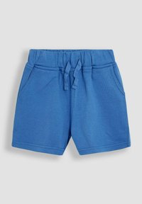 Blaue Baumwollshorts mit elastischem Bund, Kordelzug und zwei seitlichen Taschen. Glatte Textur mit einem schlichten Design, ohne Muster.
