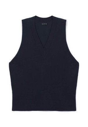 Débardeur tricoté bleu marine sans manches avec un décolleté en V profond et sans coutures d'épaule, présentant une texture ajustée et lisse.