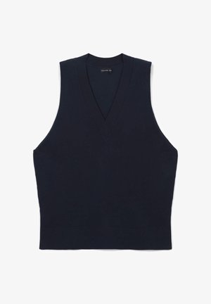 Top senza maniche in maglia blu navy con scollatura a V profonda e senza cuciture sulle spalle, caratterizzato da una texture aderente e liscia.