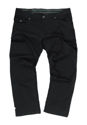 Schwarze gerade Hosen aus weichem Stoff, mit Knopfverschluss, fünf Taschen und kontrastierenden Nähten entlang der Seitennähte.