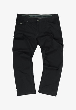 Schwarze gerade Hosen aus weichem Stoff, mit Knopfverschluss, fünf Taschen und kontrastierenden Nähten entlang der Seitennähte.