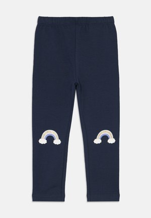 Navy leggings with an elastic waistband, featuring two embroidered rainbow designs with clouds at the knees. Smooth cotton material.