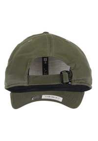 Olive green baseball cap with a curved brim, adjustable strap at the back, and fabric texture. Interior lining visible, featuring a label.