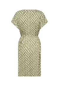 Grünes gemustertes Kleid mit lockerer Passform, kurzen Ärmeln und einem Bindegürtel in der Taille. Es hat ein sich wiederholendes, wellenförmiges Design in Creme.