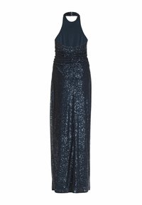 Robe longue en sequins bleu marine avec un col halter et des détails froncés, présentant un design longueur sol et une texture lisse sur toute la surface.