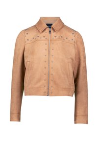 Nubuck cropped jakke i lys tan med sølvnitter langs skuldre og bryst. Frontlynlås og sidelommer; lange ærmer.