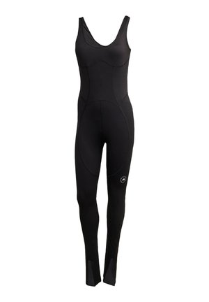 Black one-piece wetsuit with a scoop neckline, fitted design, and curved panel seams. Features slits at the ankles for ease of wear.