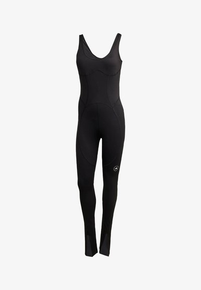 Black one-piece wetsuit with a scoop neckline, fitted design, and curved panel seams. Features slits at the ankles for ease of wear.