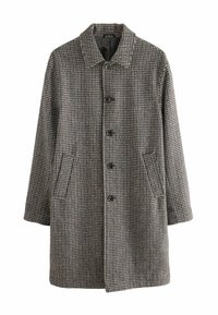 Palton din amestec de lână, cu un model houndstooth, având guler, șase nasturi și două buzunare laterale. Schema de culori este gri, maro și negru.