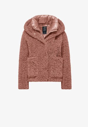 Fluffy roze jack met een gladde, glanzende binnenkap, voorzien van een knoopsluiting en twee voorzakken. Zachte, gestructureerde buitenkant.