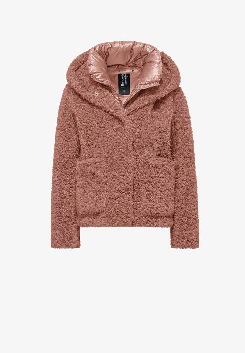 Puszysta różowa kurtka z gładkim, błyszczącym wewnętrznym kapturem, z zapięciem na guzik i dwoma przednimi kieszeniami. Miękka, fakturowana powierzchnia.