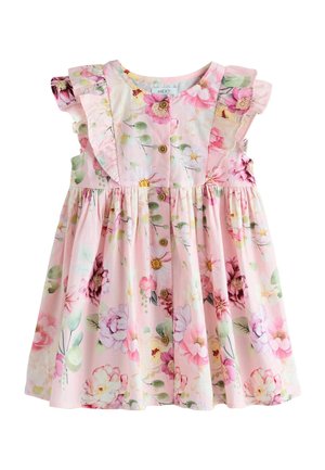 Blumenkleid aus weichem rosa Stoff mit rundem Ausschnitt, Rüschenärmeln, Knopfleiste vorne und gerafftem Rock mit verschiedenen Blumenmustern.