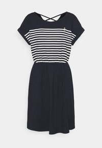 Námořnické šaty s bílými horizontálními pruhy, kulatým výstřihem, krátkými rukávy, elastickým páskem a zkříženými ramínky na zádech. Výšivka kotvy.