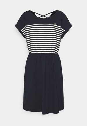 Granatowa sukienka z białymi poziomymi paskami, okrągłym dekoltem, krótkimi rękawami, elastyczną talią i skrzyżowanymi ramiączkami z tyłu. Haft z detalem kotwicy.
