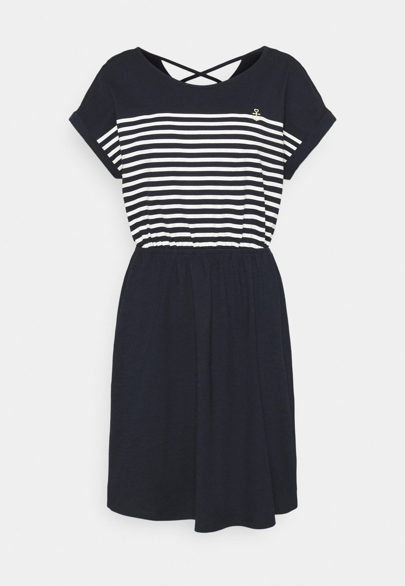Námořnické šaty s bílými horizontálními pruhy, kulatým výstřihem, krátkými rukávy, elastickým páskem a zkříženými ramínky na zádech. Výšivka kotvy.