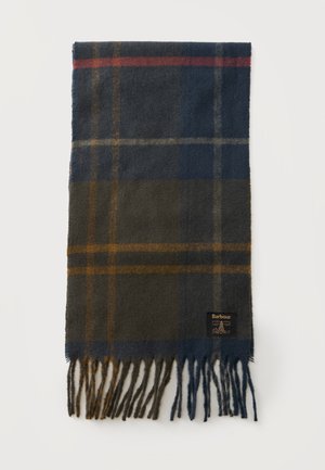 Vlněná šála s modro-zeleno-oranžovým kostkovaným vzorem, třásněmi na koncích a štítkem značky Barbour na bílém pozadí.
