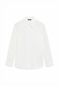 Chemise blanche à manches longues avec un col classique, une patte de boutonnage à l'avant et une texture lisse. Comprend des poignets boutonnés et une coupe ajustée.