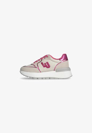 Light pink sneaker featuring a suede and synthetic upper, metallic pink accents, a cushioned sole, and a padded collar.