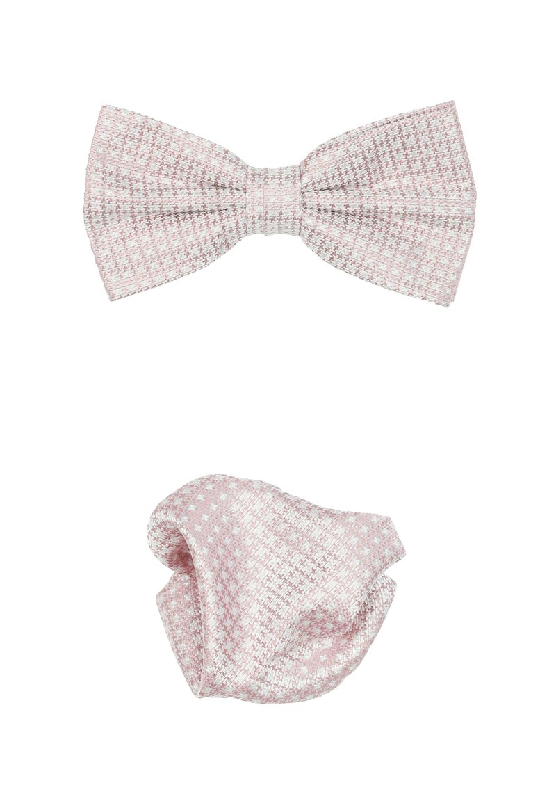 Roze met patroon strik, gemaakt van een geweven textuur, gecombineerd met een bijpassende scrunchie met een vergelijkbaar ontwerp en kleur. Beide hebben een gladde afwerking.