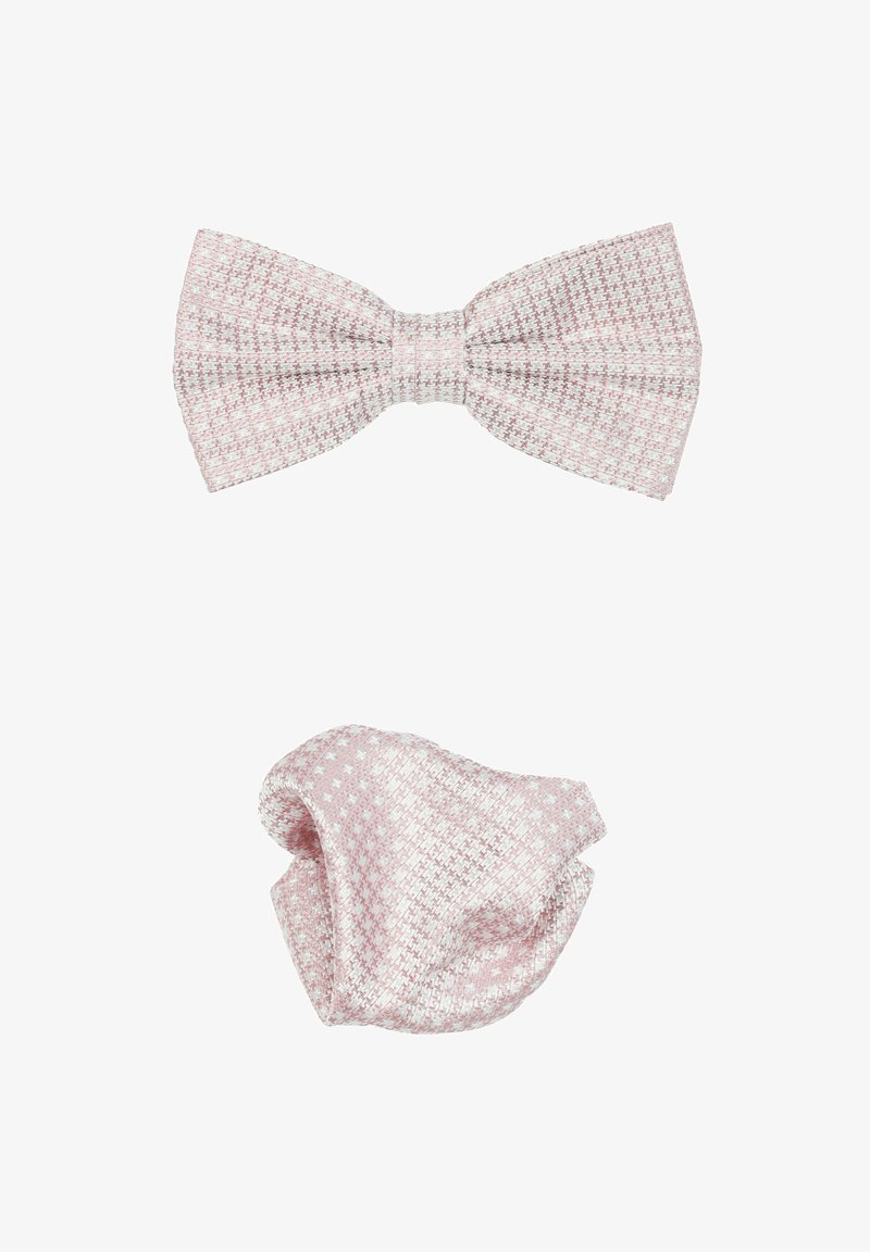 Rosa gemusterte Fliege mit strukturiertem Gewebe, kombiniert mit einem passenden Scrunchie, das ein ähnliches Design und dieselbe Farbe aufweist. Beide haben eine glatte Oberfläche.