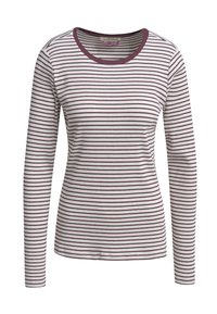 Long-sleeve, crew-neck top in white with thin maroon stripes. Ribbed texture with a fitted design and straight hem.