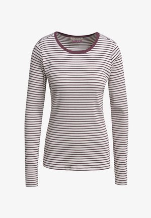 Long-sleeve, crew-neck top in white with thin maroon stripes. Ribbed texture with a fitted design and straight hem.