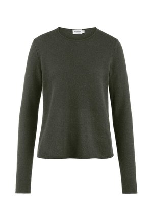 Dunkelgrauer, langärmeliger Rundhalsausschnitt-Pullover mit einem schlichten, figurschmeichelnden Design und ohne sichtbare Muster oder Verzierungen.