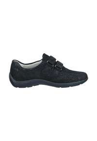 Black shoe with a textured floral pattern, double adjustable straps, rounded toe, and a cushioned sole for comfort.