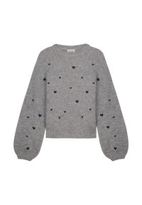 Grijze gebreide sweater met een cropped ontwerp, versierd met verspreide donkerblauwe hartpatronen en pofmouwen.