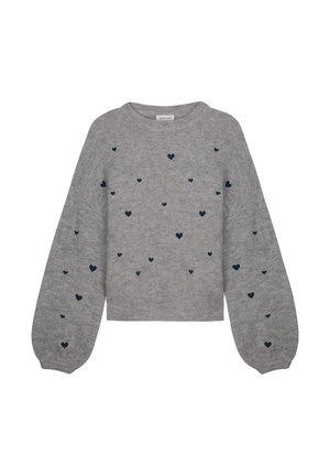 Grijze gebreide sweater met een cropped ontwerp, versierd met verspreide donkerblauwe hartpatronen en pofmouwen.
