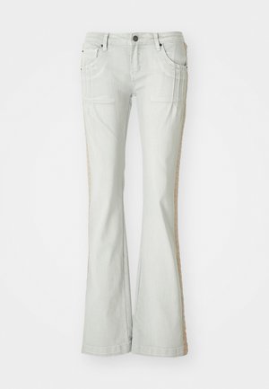Light gray denim flared jeans with side pockets, featuring a textured beige stripe along the outer seam, button closure, and belt loops.